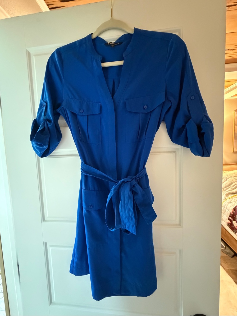 Express Royal Blue Tie-Waist Shirt Dress
